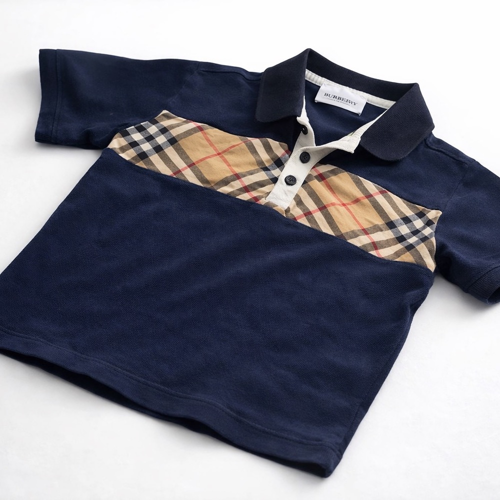 Burberry Navy Polo with Signature Check Chest Panel